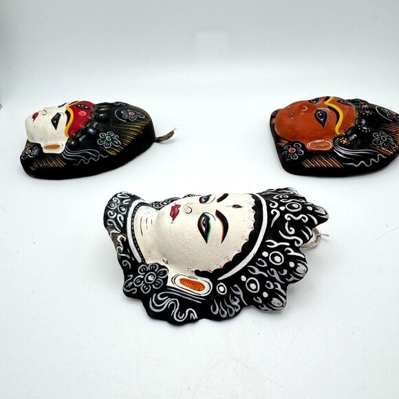 Tibetan Handcrafted Clay Masks Set of 3 Intricate Designs Vibrant Colors - Picture 9 of 9